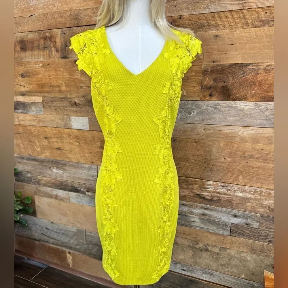 Badgley Mischka Yellow Sheath Dress with Flutter Cap Sleeves